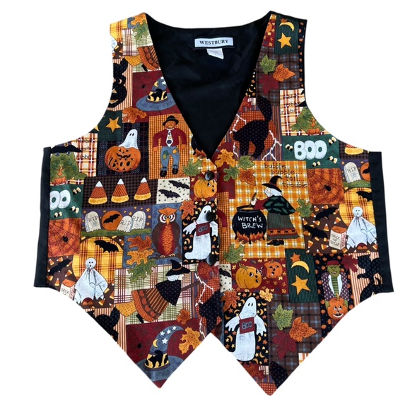Vintage Y2K Halloween Vest Witch Candy Corn Ghost Black Cat Kitschy Fun Lrg GUC - Picture 1 of 12
